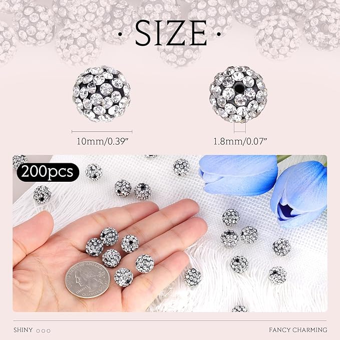 200pcs 10mm Black White Rhinestone Beads - Image 2