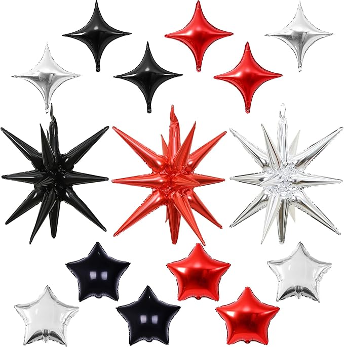 Star Balloons, 22in Red Black and Silver Star Balloons Foil 10in 4-Pointed & by Froova