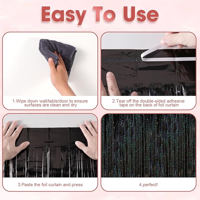 2 Pack Laser Black Tinsel Foil Fringe Curtains, Metallic Tinsel Party Streamers - Image 5
