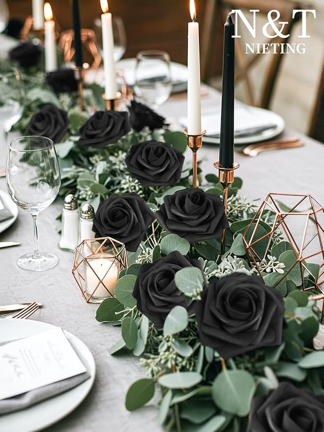 N&T NIETING Artificial Flowers Black Rose 25pcs Real Touch Flowers Perfect - Image 2
