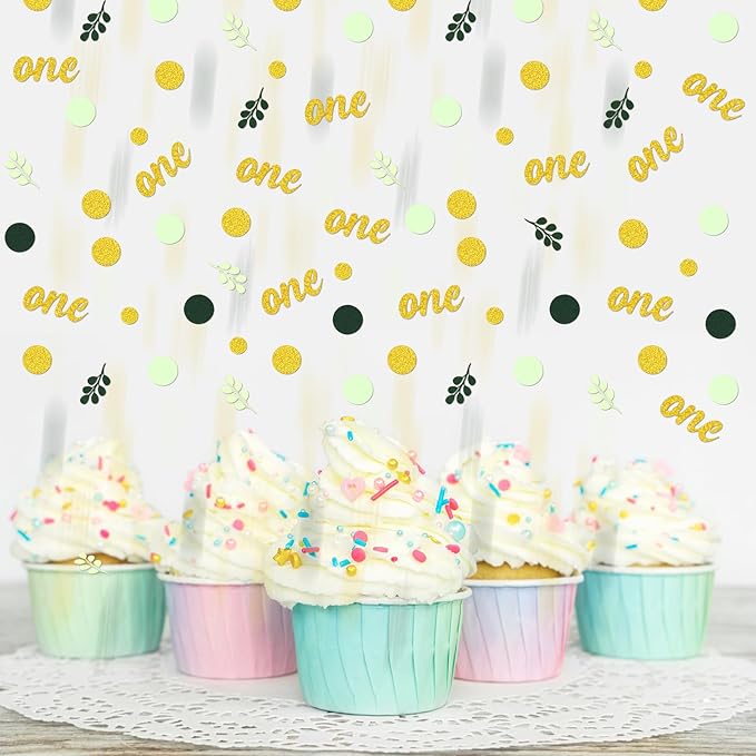 300PC Gold Glitter and Sage Green First Birthday Decorations - Image 6