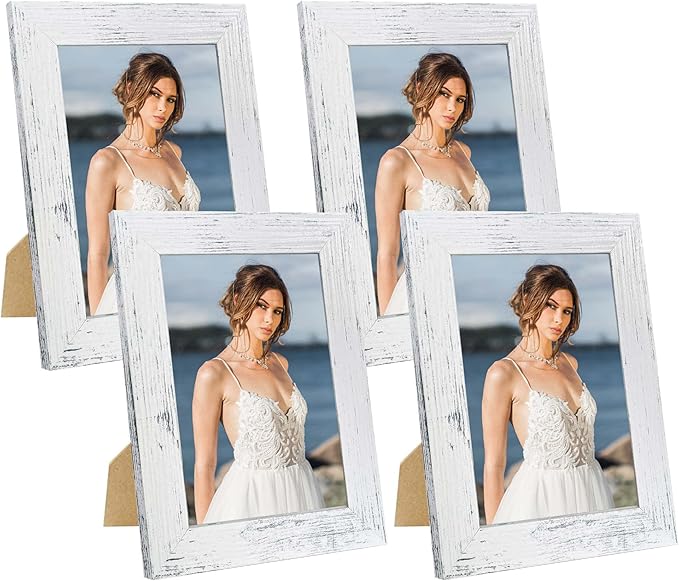 5x7 Picture Frame Set of 4, High Definition Glass Distressed White Frame by iRahmen