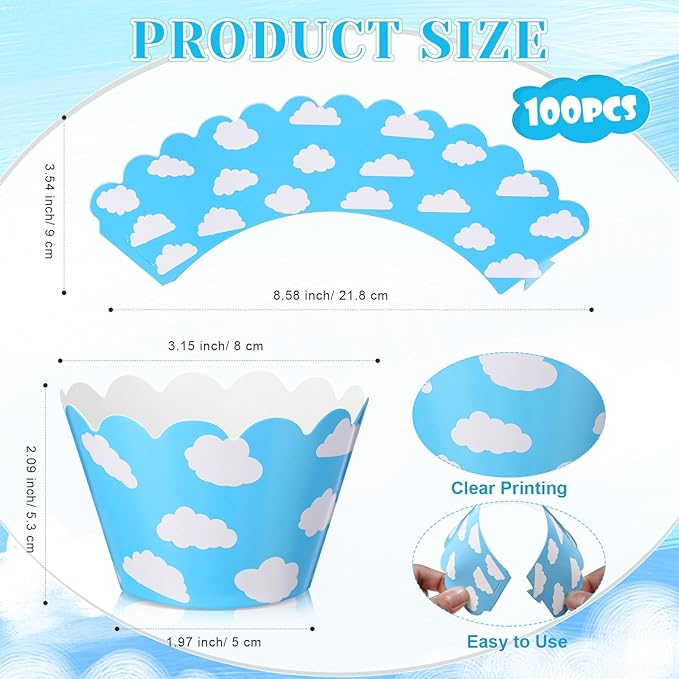 Domensi 100 Pcs Sky Clouds Blue Party Cupcake Wrappers Cloud Cupcake Liners - Image 3