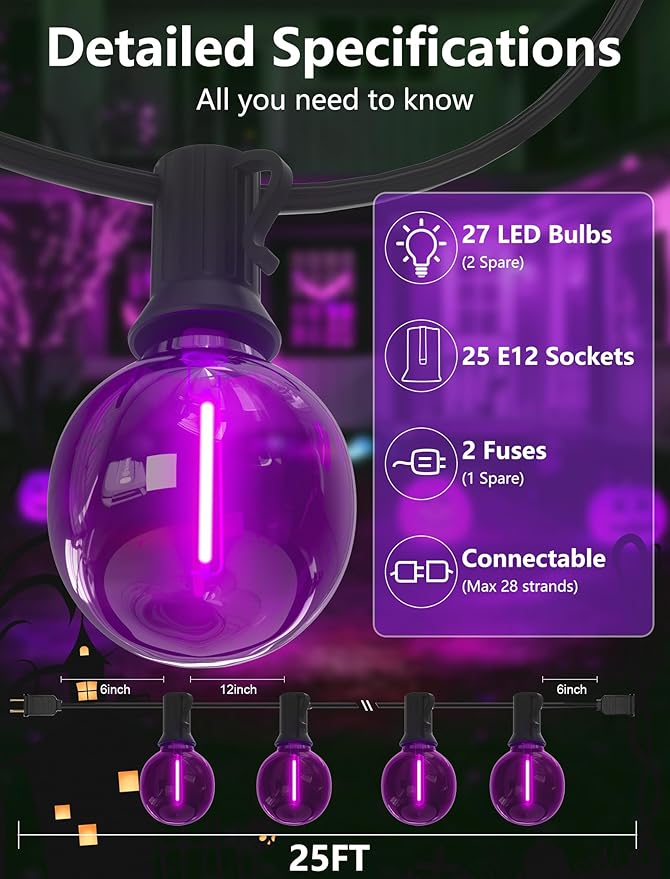 SUNSGNE G40 LED Purple Lights Outdoor, 25 Feet Halloween Purple String Lights - Image 2