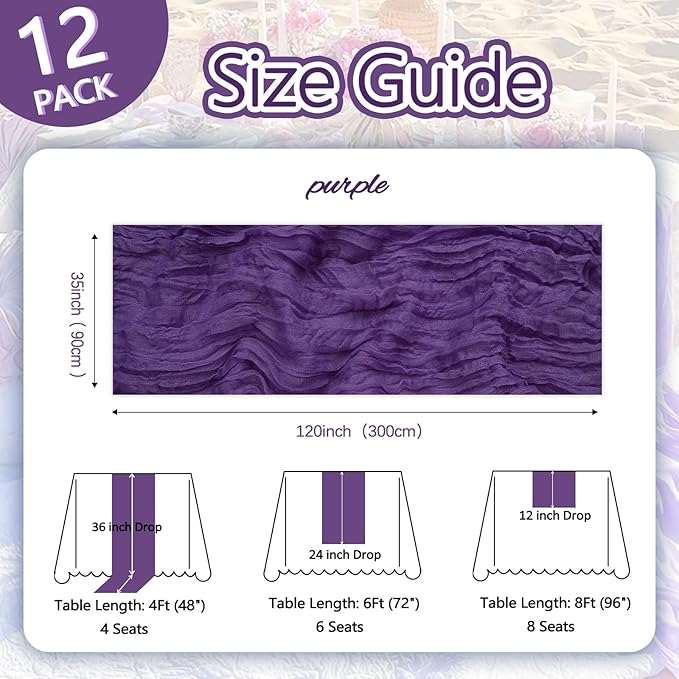 12 Pack Purple Cheesecloth Table Runner 10ft Boho Gauze Fabric Cheese Cloth - Image 2