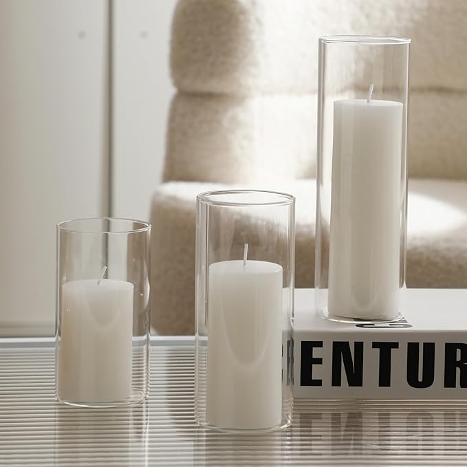 UDU Set of 6 White Pillar Candles and 6 Glass Cylinder Vases Hurricane Holders - Image 4