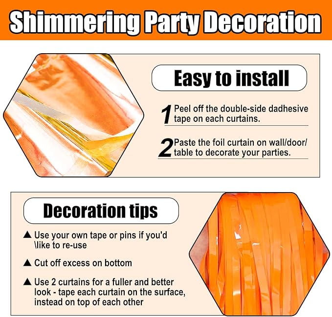 6 Pack Orange Foil Fringe Curtain Backdrop, 3.28Ft x 8.2Ft Metallic Tinsel Foil - Image 3
