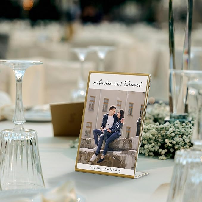 NIUBEE 6 Pack 5 x 7 Acrylic Gold Frame, Slanted Back Table Sign Holder - Image 2
