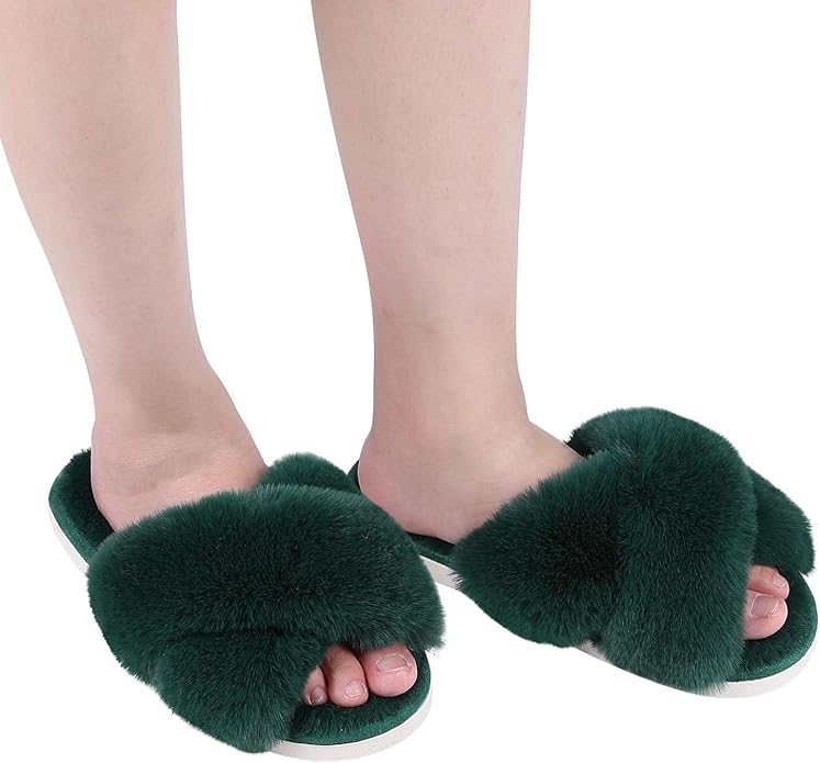Evshine Women's Fuzzy Slippers Cross Band Memory Foam House Slippers Open Toe - Image 6