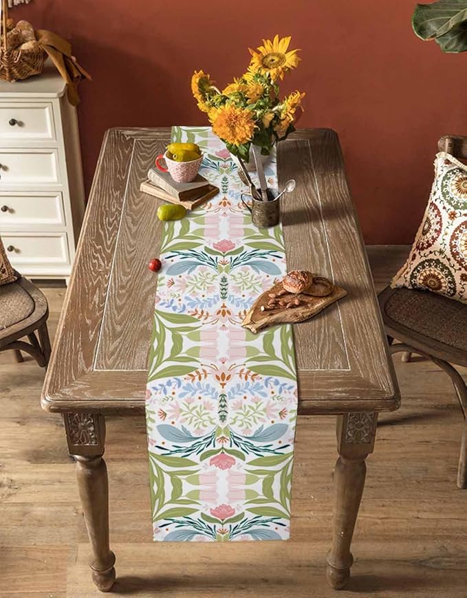 Green Blue Pink Boho Floral Cotton Linen Table Runner - Image 4