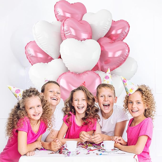 Pink White Heart Balloons, 18Inch White Helium Polyester Film Balloon - Image 3