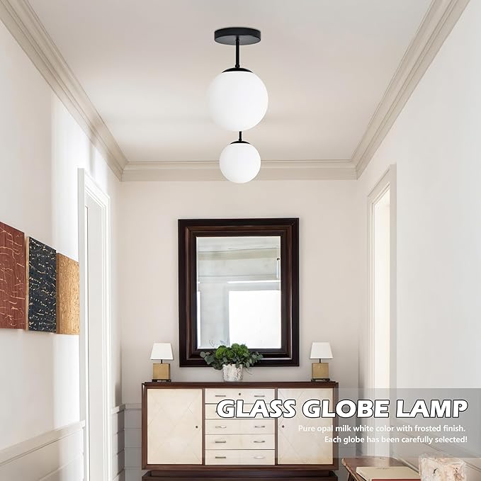 8" Black Semi Flush Mount Ceiling Light Fixture Milk Glass Globe Ceiling Light - Image 2