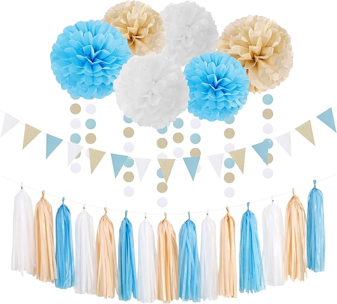 Light-Blue White Boho Champagne-Gold Party-Decorations by LastingSurprise