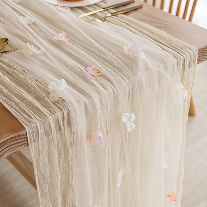 Romantic Artificial Floral Table Runner 10ft Gauze Tulle Lace Table Runner Set - Image 4