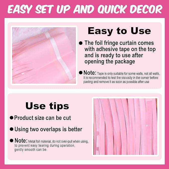 3 Pack Macaron Pink Foil Fringe Curtains Backdrop, 3.28 x 9.8 Ft Metallic - Image 3