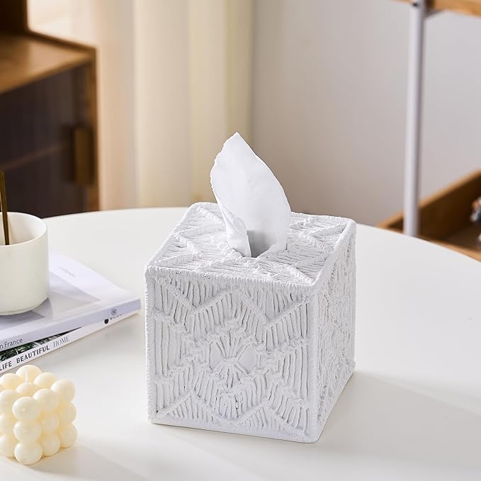 White Woven Macrame Boho Tissue Box Cover Square - Image 3