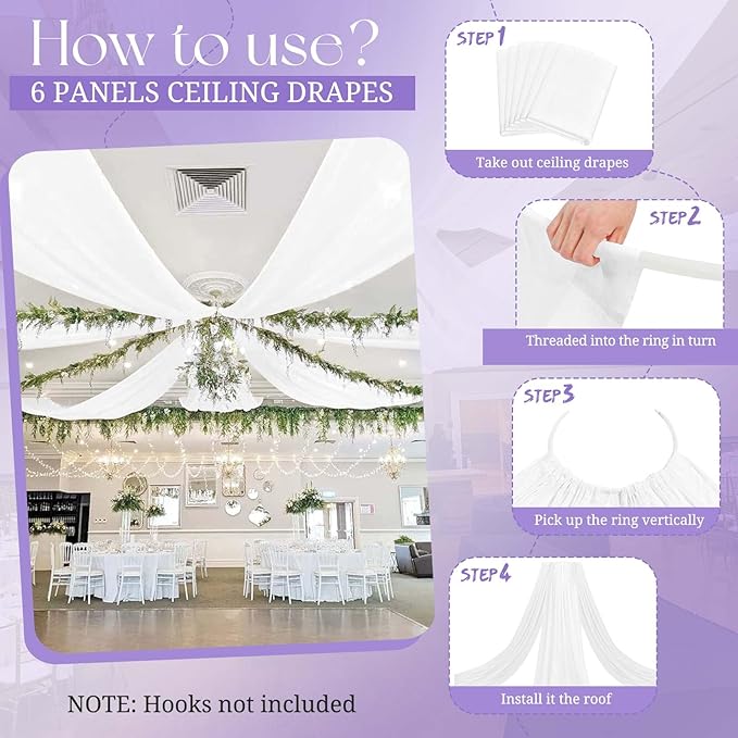 White Ceiling Drapes for Wedding, 5ftx20ft Sheer Fabric Curtain, Wedding Arch - Image 9