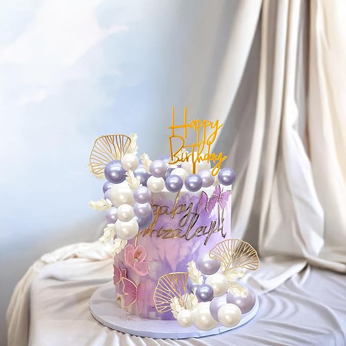 Gyufise 57Pcs Purple Balls Cake Topper Boho Grass Cake topper Pearl Balls - Image 5