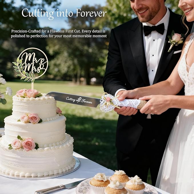 Wedding Cake Knife and Server Set – Rustic Lace Burlap Handle, Stainless Steel - Image 2