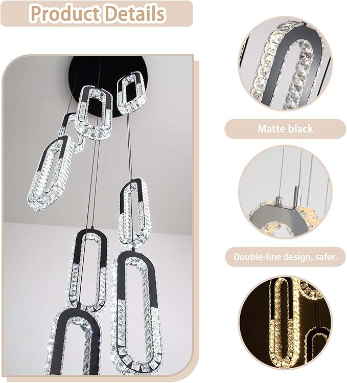 5 Rings Crystal Chandeliers for Staircase Large Pendants Light Fixture Black - Image 5