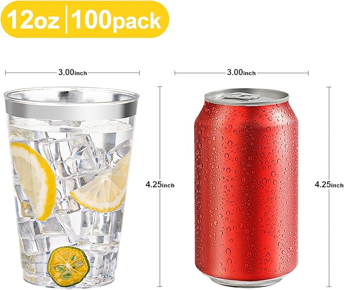 BESTVIP 12oz Silver Plastic Cups, 100 Pack Silver Rimmed Disposable Cups - Image 2