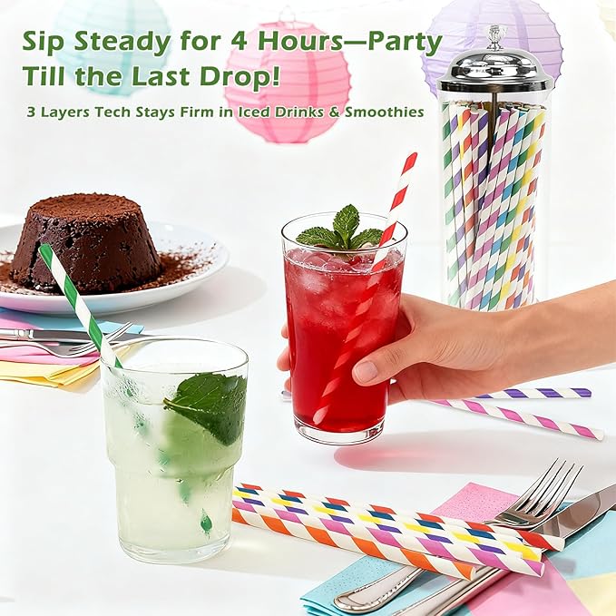100 Pack Striped Paper Straws for Drinking– Sturdy & Non-Soggy – 100% - Image 4