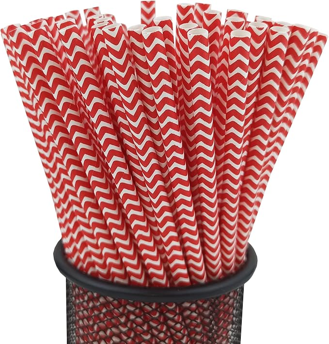YAOSHENG Premium Disposable Waves Striped Drinking Paper Straws, Pack 100 Red by YAOSHENG
