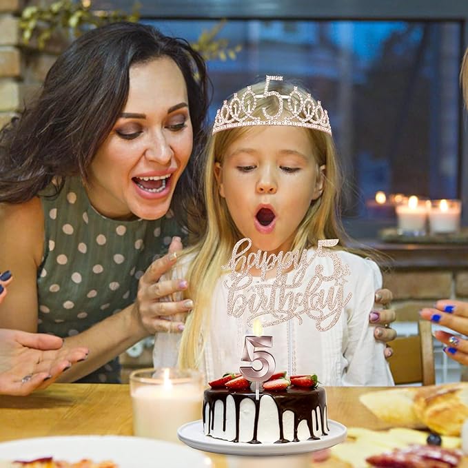 5th Birthday Decorations for Girls, Including Sash, Crown/Tiara, Cake Topper - Image 2