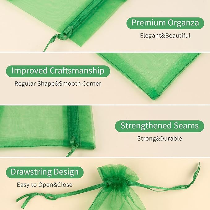 50 Pcs 3x4 Inch Christmas Green Organza Bags, Mesh Bags Drawstring Small Pouch - Image 3
