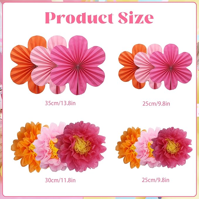 12PCS Paper Flowers Fans Orange and Hot Pink Party Decorations Tissue Paper - Image 4