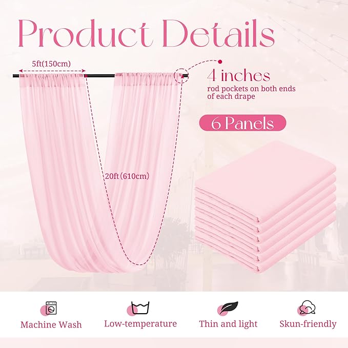 6 Panels Pink Ceiling Drapes for Wedding, 5ftx20ft Ceiling Drapes Cheesecloth - Image 2