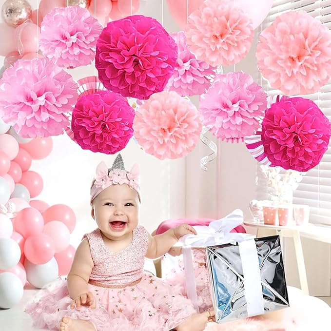 12pcs 10in 12in Pink Pack Paper Pom Poms Tissue Paper Party Pink Decor Flower - Image 4