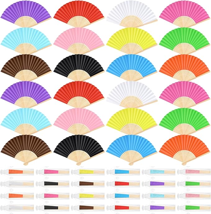 24 Pieces Hand Held Bamboo Folding Fans Paper Fans Handheld by Bringsparkletoeverydaylife