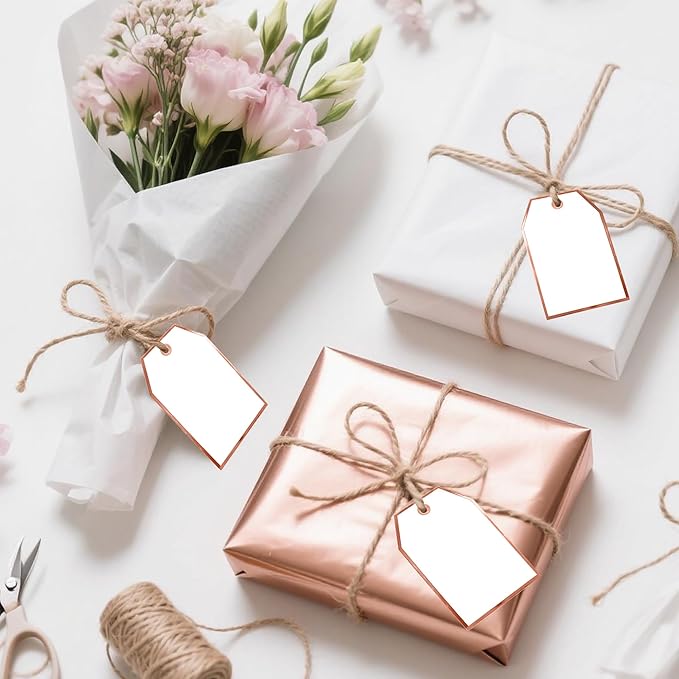 100Pcs Blank Gift Tags with String Attached Foil Rose Gold Frame Large White - Image 8