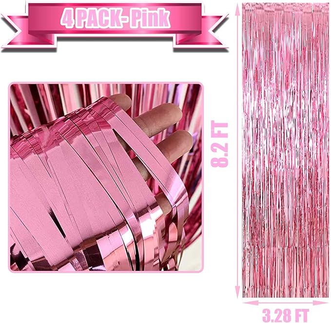 4 Pack Pink Foil Fringe Curtain Backdrop, 3.28Ft x 8.2Ft Metallic Tinsel Foil - Image 2