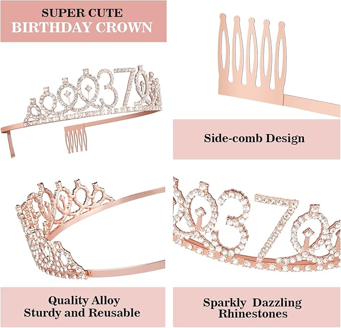 37th Birthday Decorations for Women Including Birthday Sash, Tiara/Crown - Image 4