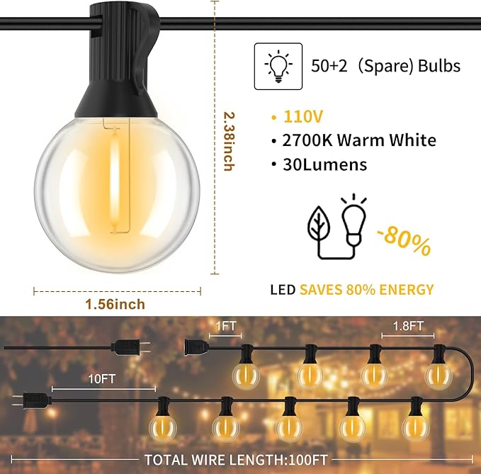 Outdoor String Lights 100FT, G40 LED Patio Lights - Image 6