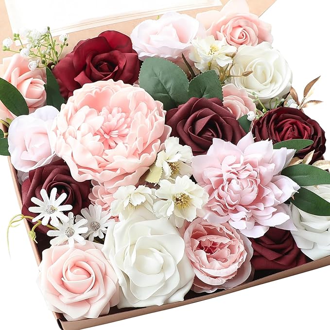 Floroom Blush Burgundy Artificial Flowers Dark Red Fake Roses Peonies Dahlia by Floroom