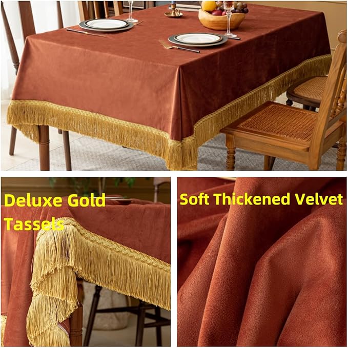 F-CHU Luxury Burnt Orange Tablecloth Thickset Velvet Tablecloth - Image 4
