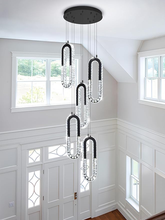 5 Rings Crystal Chandeliers for Staircase Large Pendants Light Fixture Black by Ykolupty