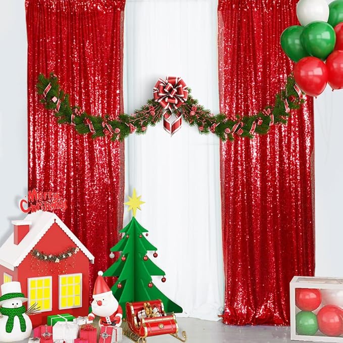 SquarePie Sequin Curtain Backdrop 2FT x 8FT Red 2pcs Background - Image 2