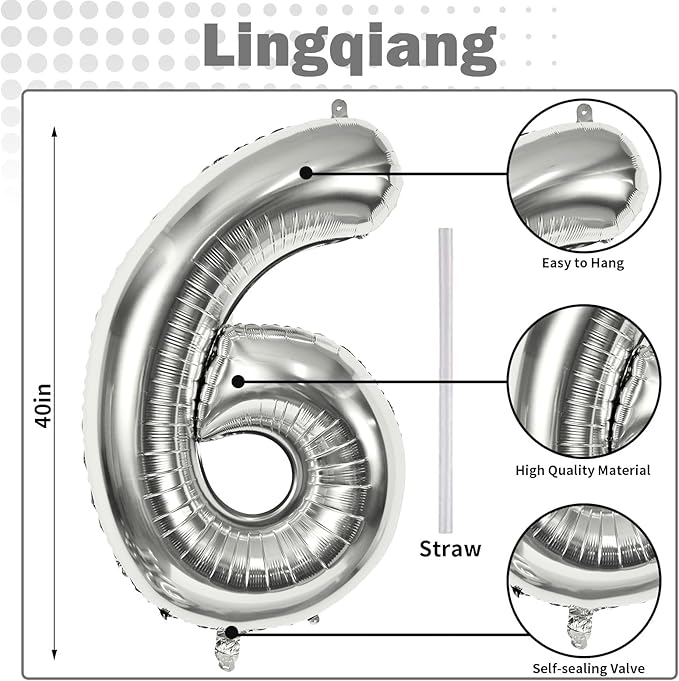 40" Silver Number 6 Balloon for Girls Boys, Large Self Inflating Helium Foil - Image 2