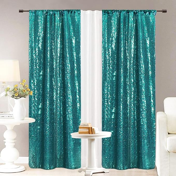 Eternal Beauty Teal Sequin Backdrop Curtains, Shimmer Back Drop 2Panels-2FTx8FT - Image 8