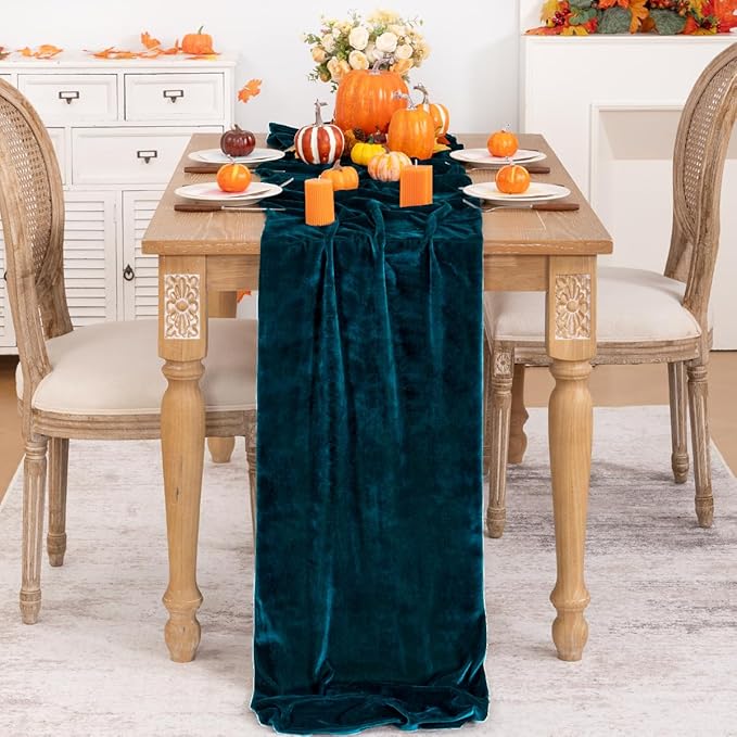 Peacock Green Velvet Table Runner 3 Pack Fall Thanksgiving Turquoise Table - Image 2