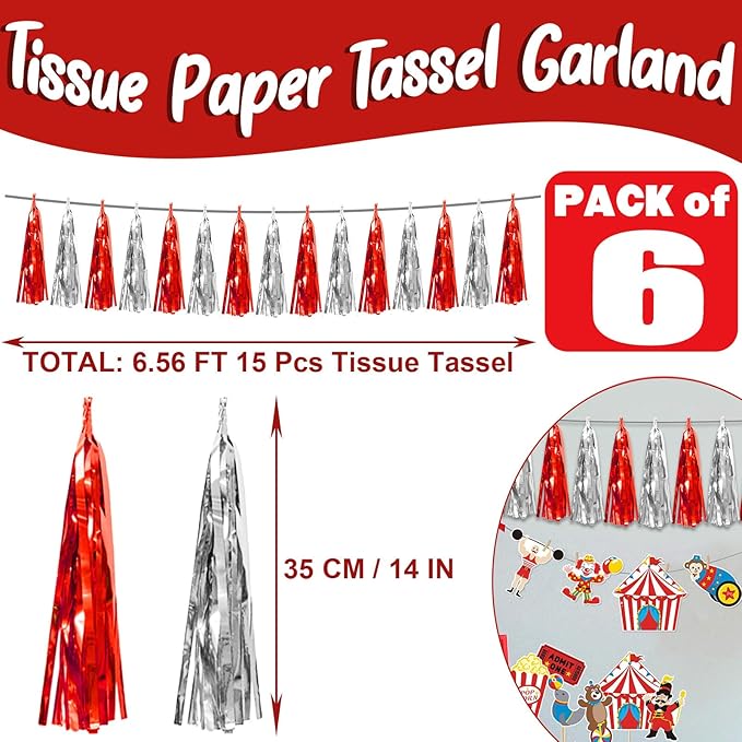 6P Red Silver Foil Fringe Metallic Tassel Streamers Banner Tassel Garland - Image 2