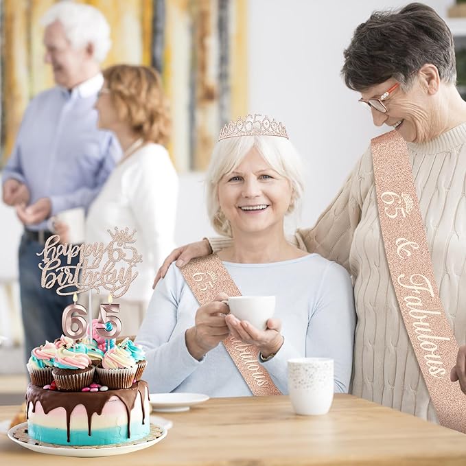 65th Birthday Decorations for Women, Including Sash, Crown/Tiara, Cake Topper - Image 2