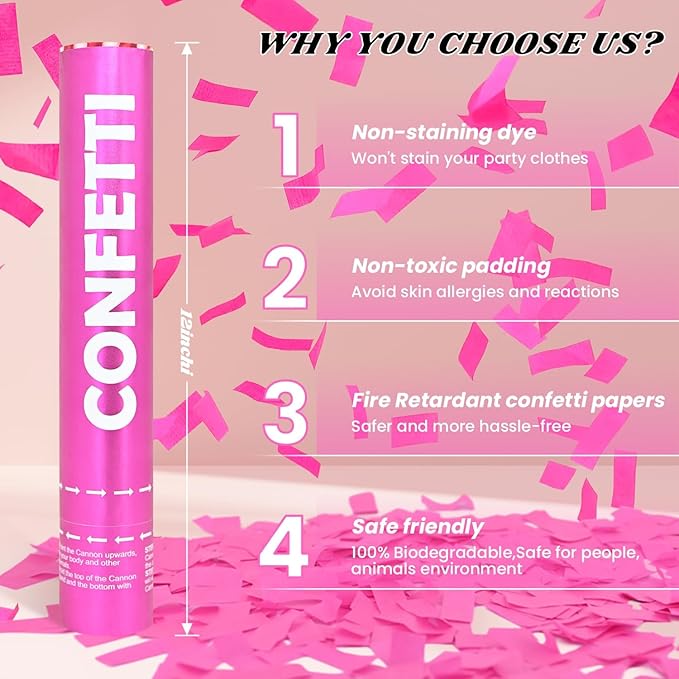 Confetti Cannon Pink Biodegradable Confetti Poppers 12Pack Party Poppers - Image 3