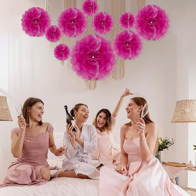 Tissue Paper Pom Poms, Fuchsia Tissue Paper Flowers, Hanging Flower Balls - Image 4