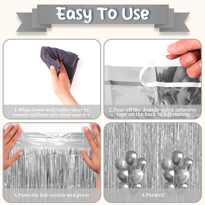 3 Pack 3.3 x 6.6 ft Silver Foil Fringe Backdrop Curtains, Tinsel Streamers - Image 4
