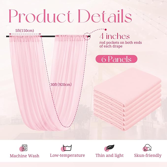 6 Panels Pink Ceiling Drapes for Wedding, 5ftx30ft Ceiling Drapes Cheesecloth - Image 2